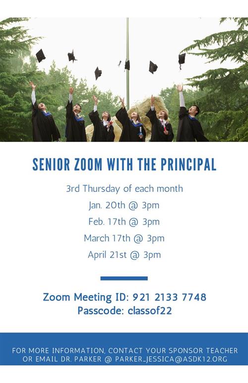 senior meeting w/principal flyer with grads throwing caps in the air
